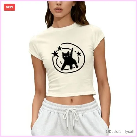 Y2K Cat Print Crop Top Vintage Slim Fit Cute Graphic Baby Tee Short Sleeve - Picture 2 of 7